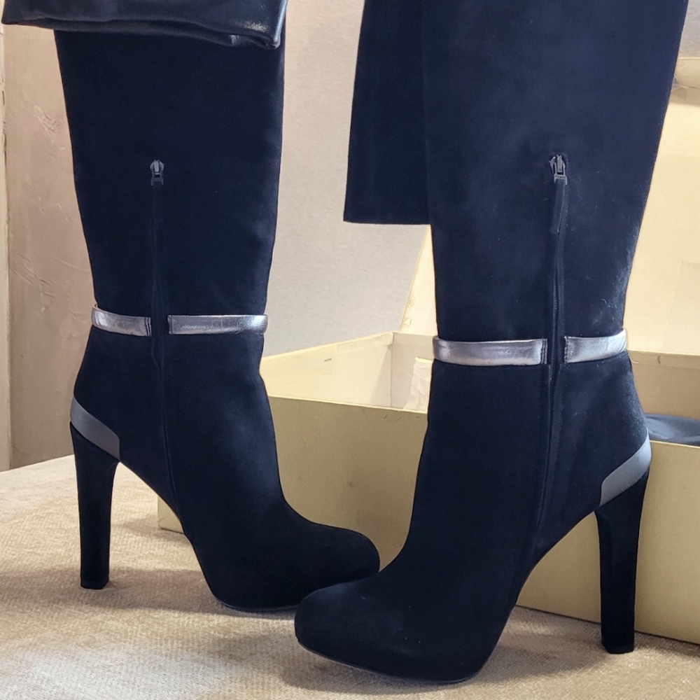 FENDI over the knee boots black suede boots with metallic leather bands.